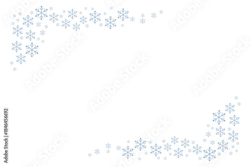 Minimal winter background with delicate blue snowflakes forming a decorative frame on white, ideal for Christmas cards, holiday invitations, seasonal banners, posters, social media and festive designs