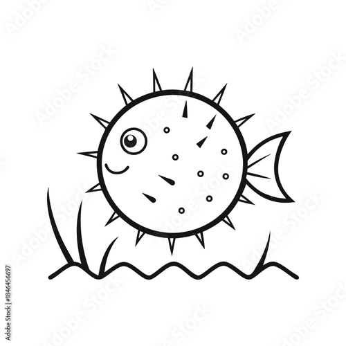 Cute pufferfish line art illustration showing spiked body in playful aquatic style Vector illustration