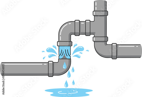 Leaking water pipe illustration showing plumbing damage with dripping water highlighting maintenance issues, water loss, and household infrastructure problem concept