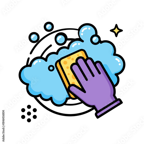 A gloved hand scrubs a plate with a yellow sponge in soapy blue bubbles, symbolizing dishwashing and cleaning.