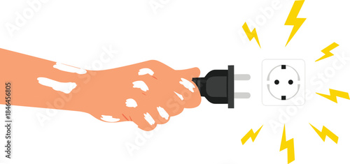 Electrical shock hazard illustration showing wet hand holding power plug near wall socket highlighting home safety and electrocution risk concept