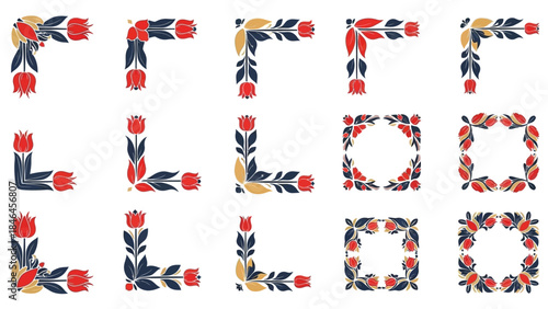 Elegant Folk Tulip Corner Ornaments Vector Wedding Invitation Elements