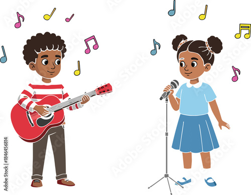 Children performing music together illustration showing boy playing guitar and girl singing with microphone surrounded by colorful musical notes