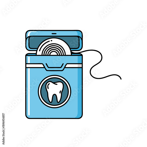 A light blue dental floss dispenser with a white tooth icon and floss string pulled out, for oral hygiene.