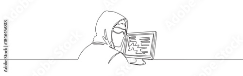 Continuous one line drawing of a hacker at a computer. Vector illustration of cyber security threat isolated on white background. Minimalist crime concept