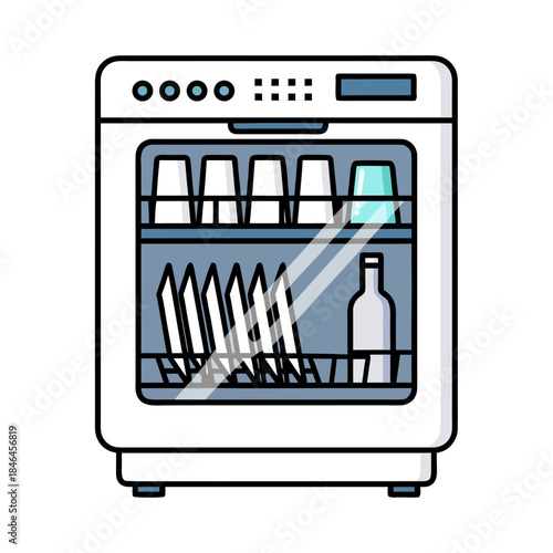 A white dishwasher with two racks filled with clean dishes, glasses, and a bottle.