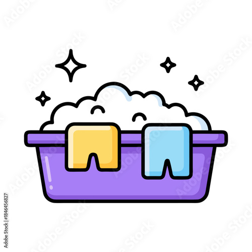 A purple basin filled with soapy water and two colorful towels hanging on the sides, with sparkling stars above.