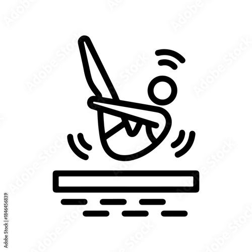 A stylized black and white line drawing depicts a diver in mid-air, performing a tuck dive from a springboard.