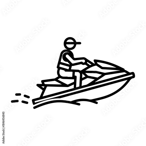 A simple black and white line drawing of a person riding a jet ski on the water.
