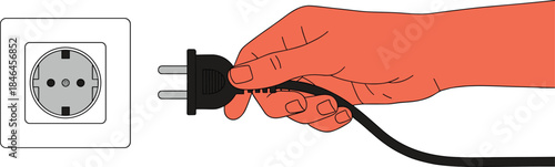 Hand holding electrical plug near wall socket, simple flat illustration symbolizing electricity use, power connection, and home electrical safety concept