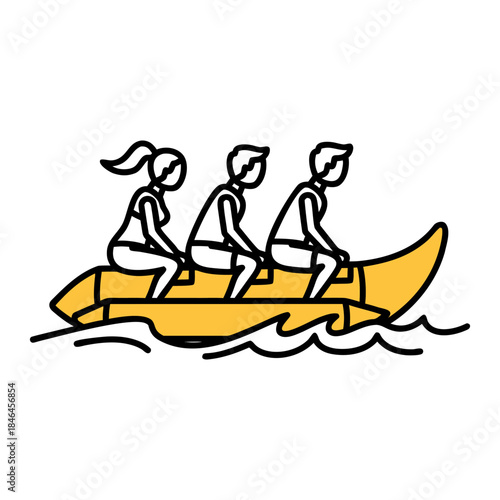 Three people enjoying a thrilling ride on a yellow banana boat in the ocean.
