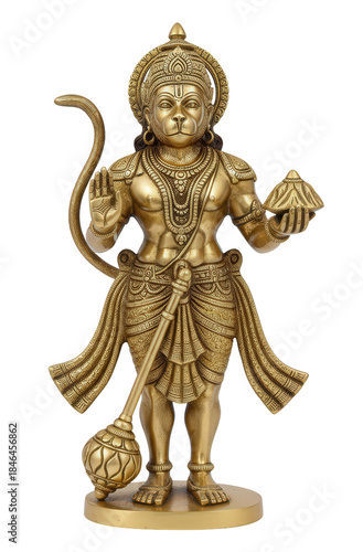 Golden brass statue of Lord Hanuman holding a mace (gada) and Sanjeevani mountain, representing strength and devotion.