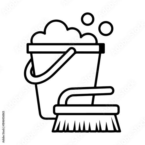 Line art illustration of a cleaning bucket filled with soapy water and a scrubbing brush, symbolizing household chores and hygiene.