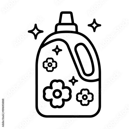 A line art illustration of a bottle of laundry detergent with floral designs and sparkles.