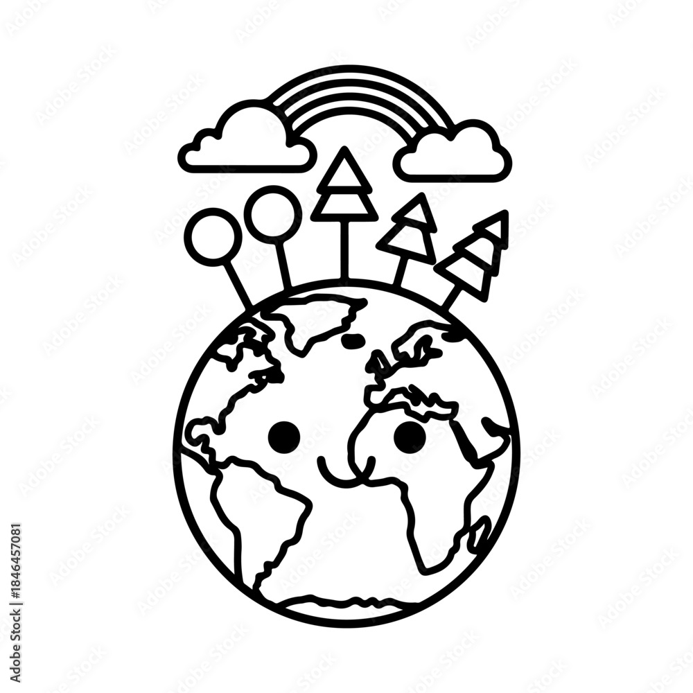 Fototapeta premium A cute cartoon Earth with a happy face, trees, clouds, and a rainbow on top, representing environmental care.