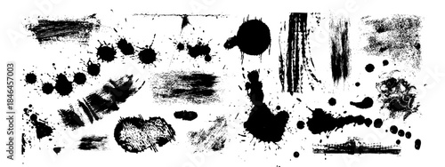 Grunge splatter doodle set with black paint ink splash and brush spray textures. Vector graphic elements with abstract stain patterns, watercolor effects and rough stroke shapes isolated on white.