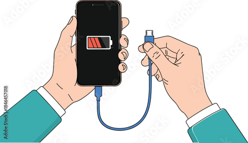 Low battery smartphone charging illustration with hands holding cable, power shortage and mobile energy concept for technology usage awareness