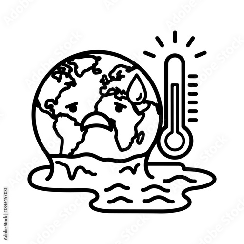 Illustration of planet Earth melting due to rising global temperatures, depicted with a thermometer showing high heat.