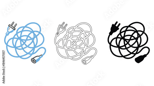 Three versions of tangled extension cord illustration on white background