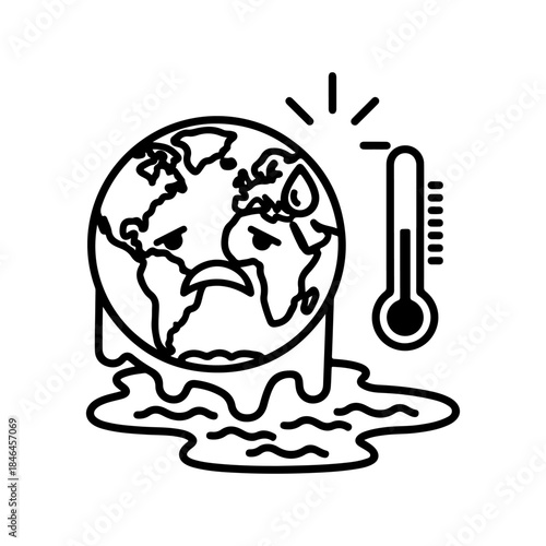 Illustration of planet Earth melting with a thermometer indicating high temperature, symbolizing global warming and climate change.