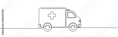 Continuous one line drawing of an ambulance. Vector illustration of medical emergency van isolated on white background. Minimalist healthcare concept