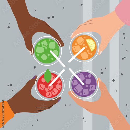 Four hands in top view, holding colorful iced drinks, happy hour or celebration concept. Diverse hands with refreshing beverages.