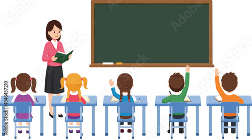 Teacher teaching students in classroom illustration with children raising hands, school lesson scene, education concept, flat cartoon style