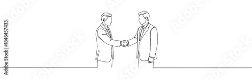 Continuous one line drawing of two men shaking hands. Vector illustration of business partnership deal isolated on white background. Minimalist agreement concept