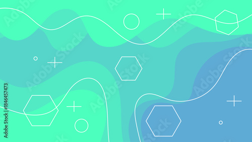Abstract geometric pattern with wavy lines and hexagons. Abstract Green and Teal Wave Gradient Background with Geometric Line Shapes Modern Minimal Fluid Design for Technology.