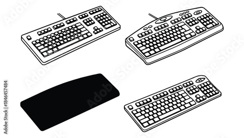 Four keyboards and a wrist rest in a black and white line drawing