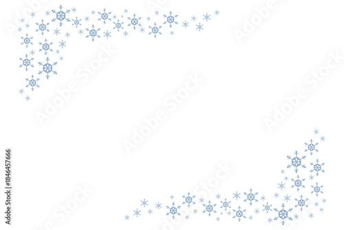 Minimal winter background with delicate blue snowflakes forming a decorative frame on white, ideal for Christmas cards, holiday invitations, seasonal banners, posters, social media and festive designs