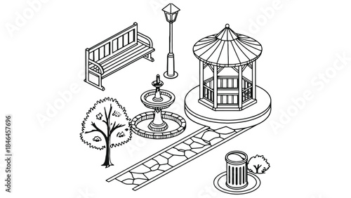 Black and white line drawing of a park with gazebo and stone path