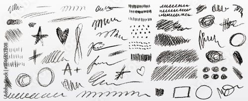 Scribble doodle set with ink pen strokes and crayon textures - hand drawn pencil lines, brush marks and rough sketches. Vector grunge scribbles with abstract squiggly shapes and charcoal effects.
