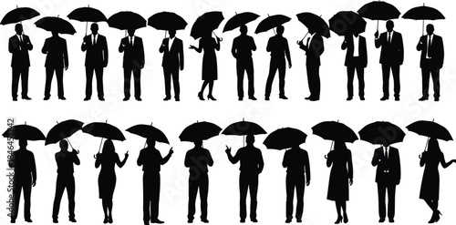Business people holding umbrellas silhouette set showing corporate professionals in rainy weather, teamwork protection concept isolated on white background