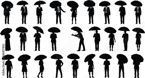Business people silhouettes holding umbrellas showing corporate crowd protection, rain weather concept, teamwork diversity poses isolated on white background