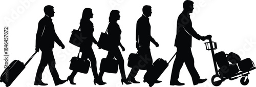 Business Travelers Walking with Luggage Silhouettes in Motion Isolated on White Background for Airport Travel and Commuting Concept Illustration
