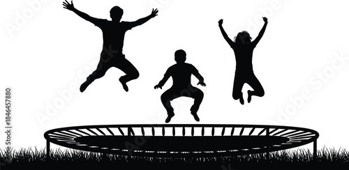 Children jumping on trampoline silhouette showing playful outdoor activity, happy kids energy, childhood fun concept isolated on white background