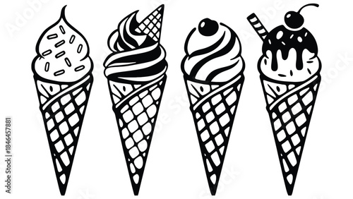 A line drawing of four ice cream cones with different toppings shown