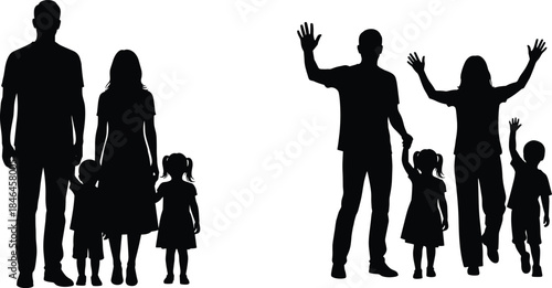 Family silhouette illustration with parents and children waving, happy togetherness concept, love, unity, parenting, farewell greeting on white background