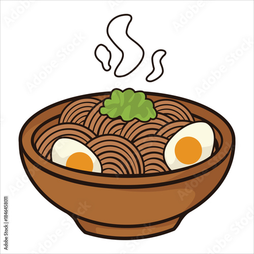 Set of hand-drawn noodle bowl illustrations featuring various noodle dishes with toppings and steam. Perfect for food menus, restaurant branding, culinary projects, packaging, and digital illustration