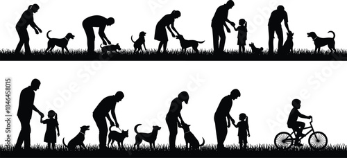Family walking with dogs silhouette panorama showing parents and children playing with pets outdoors, happy lifestyle scene isolated on white background