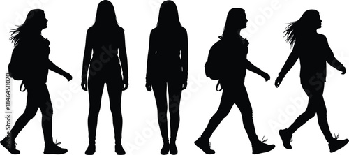 Female traveler silhouette set showing walking and standing poses with backpack, outdoor lifestyle concept isolated on white background