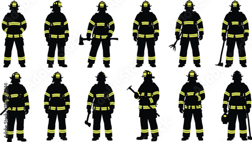 Firefighter Silhouette Collection in Protective Gear Holding Rescue Tools Isolated on White Background for Emergency Response, Safety, and Firefighting Profession Concept Illustration