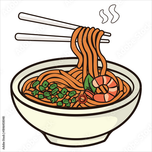 Set of hand-drawn noodle bowl illustrations featuring various noodle dishes with toppings and steam. Perfect for food menus, restaurant branding, culinary projects, packaging, and digital illustration