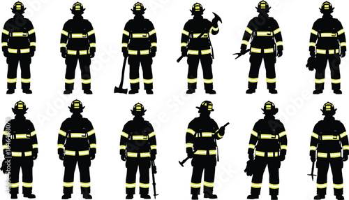 Firefighter Silhouettes in Protective Gear Holding Rescue Tools Isolated on White Background for Emergency Response, Safety, and Firefighting Profession Concept Illustration