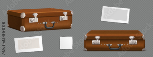 Vintage leather suitcase and stamp set isolated on transparent background. Vector realistic illustration of old brown travel bag with metal lock and blank stickers, journey luggage, tourism accessory