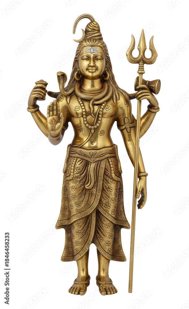 Fototapeta premium Golden brass statue of Lord Shiva standing with a trident (trishul) and cobra, representing destruction and regeneration.