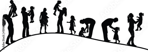 Parent and child silhouette sequence showing family bonding, care and growth stages, parenting moments concept isolated on white background