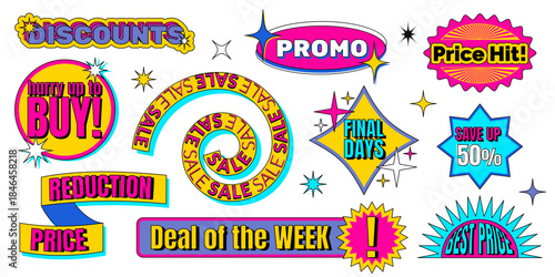 Colorful y2k sale stickers pack isolated on white background. Vector illustration of psychedelic vintage shop badges with discount promo offers, abstract shape best price tags, trendy shopping labels