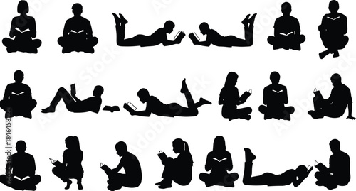 People Reading Books Silhouettes in Multiple Sitting and Lying Poses Isolated on White Background for Education, Learning, and Lifestyle Concept Illustration